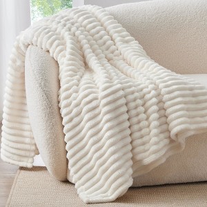 Aoibox Fleece Throw Blanket for Couch - Soft & Warm Fluffy Cream White Blanket, Decorative and Giftable Striped Blankets for Women, Men - 1 of 4