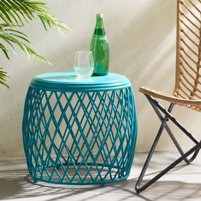 VisioGear Patio End Tables, 17.75 Inch Outdoor End Table, Lattice Design Table for Balcony Porch Pool, Blue, 19.75"*19.75"*17.75"