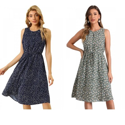 Allegra K Women's Printed Split Neck Drawstring Waist Sleeveless A-Line Floral Midi Dress 2 Packs