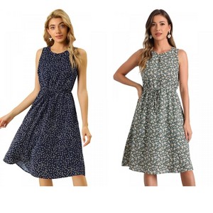 Allegra K Women's Printed Split Neck Drawstring Waist Sleeveless A-Line Floral Midi Dress 2 Packs - 1 of 4