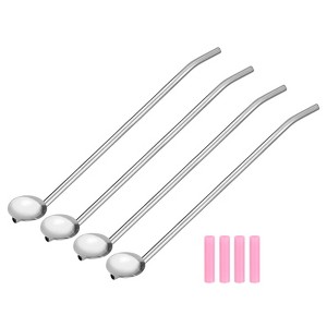 Unique Bargains Stainless Steel Long Handle Round Shaped Drinking Spoon Straws with Silicone Tips 4 Pcs - 1 of 4