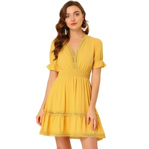 INSPIRE CHIC Women's V Neck Smocked Elastic Waist Short Sleeve Boho Crochet Trim Mini Dress - 1 of 4