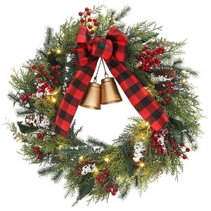 24 Inch Pre-Lit Christmas Wreath with Bell, Bow, Red Berries & Pine Cones - Red & Green Holiday Decoration - 1 of 4