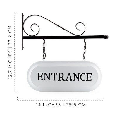 White and Black Enamelware Wall-Mounted Entrance Sign with Metal Bracket