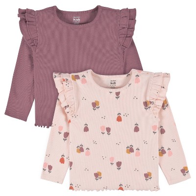 Image of Gerber Baby Girls' Double Ruffle Tops - Burgundy Floral - 12 Months - 2-Pack