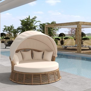 Whisen Outdoor Patio Rattan Round Daybed with Retractable Canopy, Poolside Sofa Sunbed with Removable Cushions - Beige - 1 of 4