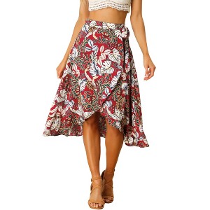 Allegra K Women's Tie Waist Hawaiian Tropical Floral Wrap Midi Skirt - 1 of 4