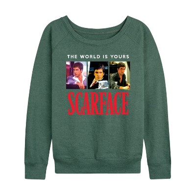 Women's - Scarface - The World Is Yours- Women's French Terry Long Sleeve Shirt Lightweight French Terry Wide Neck Long Sleeve Shirt