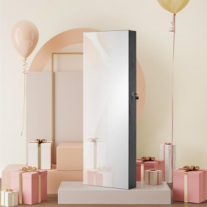 Wall Jewelry Cabinet Armoire, Mirror Jewelry Organizer, Lockable Cabinet with 2 Plastic Cosmetic Trays and LED Lights - 1 of 4