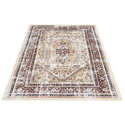 Vintage Retro Washable Area Rug - Non-Slip Low Pile Indoor Carpet for Living Room, Bedroom, Dining Room & Home Office
