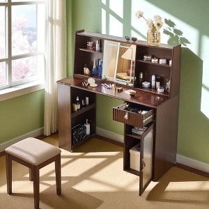 Makeup Vanity Desk with Sliding LED Mirror, Adjustable 3-Color Lights, Large Shelves, Drawer & Cabinet for Bedroom -Walnut - 1 of 4