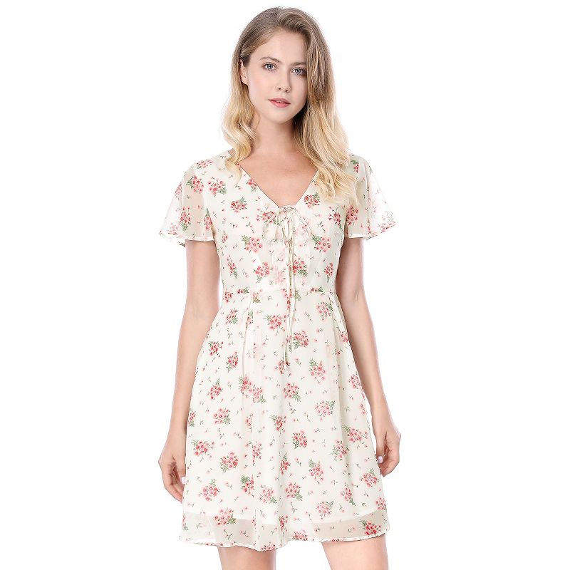 Allegra K Women's Floral Printed Flare Short Sleeve Lace-up V Neck Chiffon Dress, 3 of 8