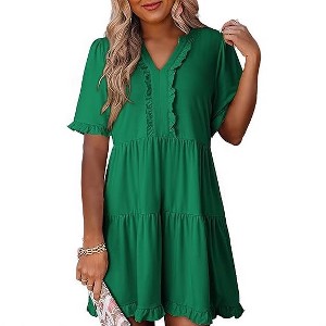Women's Summer Dresses Casual V Neck Short Sleeve A Line Tiered Ruffle  Swing Mini Beach Dress,green,S : Target