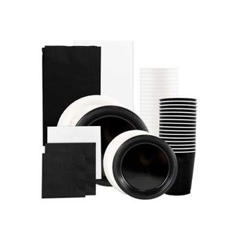 JAM Paper Party Supply Assortment Black & White Plates (2 Sizes) Napkins (2 Sizes) Cups &