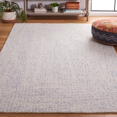 Ivory and Blue Handmade Wool Abstract Round Rug