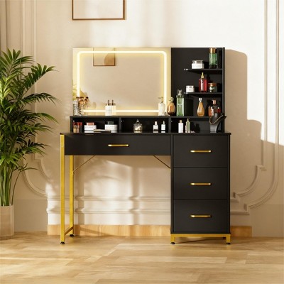 COMHOMA Vanity Desk with Mirror and Lights, Makeup Vanity Table with Large HD Mirror, 4 Drawers & Storage Shelves