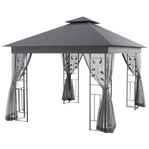 Aghana Digitals 10'x10' Brown Metal Patio Gazebo with Double Roof, Tree Motif Frame & Netting - - 1 of 4