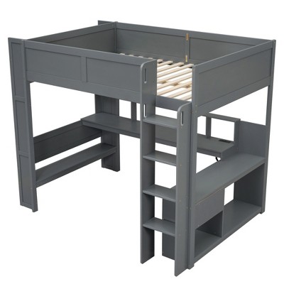 Bellemave Wood Full Size Gaming Loft Bed with Desk, Multi-storage Shelves, LED and Charging Station, Dark Gray