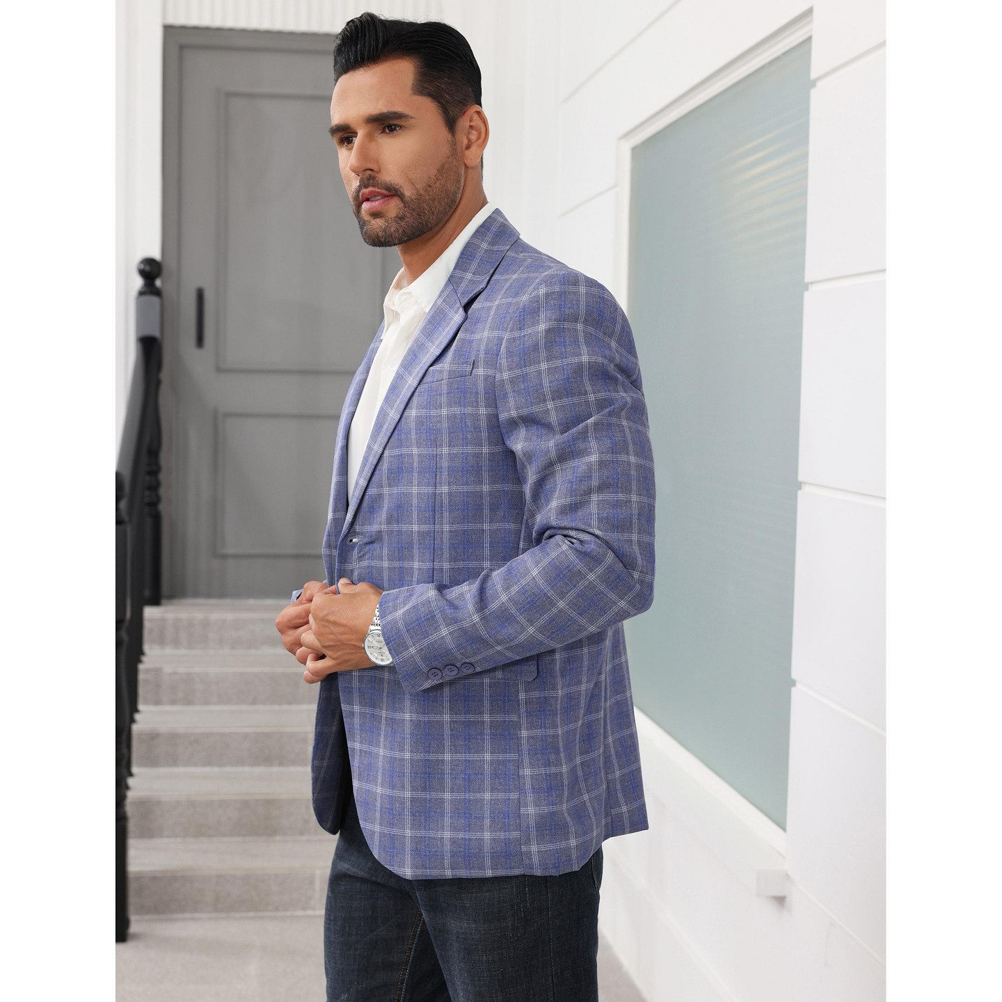 Мужская куртка YesFashion Button Down Blazer Casual Business Long Sleeve Lightweight Coat Jacket with Pockets Blue, цвет: Синий — фото 5