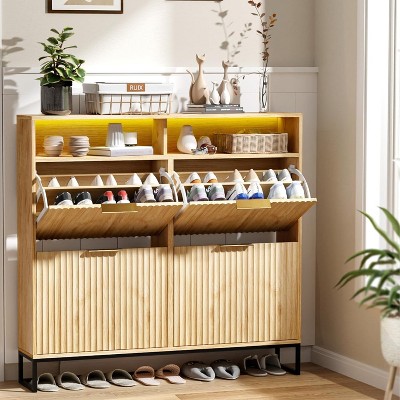 VINGLI Fluted Shoe Cabinet Storage for Entryway, Shoes Storage Cabinet with 4 Flip Drawers with LED Light,Natural Oak