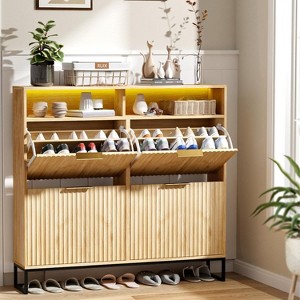 VINGLI Fluted Shoe Cabinet Storage for Entryway, Shoes Storage Cabinet with 4 Flip Drawers with LED Light,Natural Oak - 1 of 4