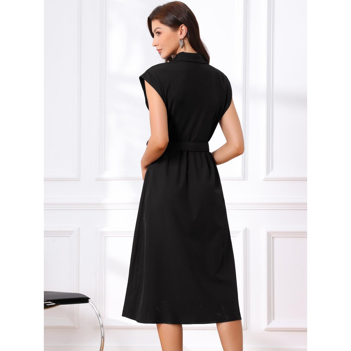 Женские платья INSPIRE CHIC Women's Sleeveless Collared Button Down Belted Waist Midi Work Dress Medium Black — фото 3