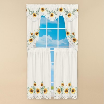 White Polyester Embroidered Sunflower Rod Pocket Window Tiers