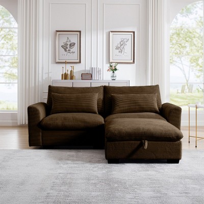 3 Pieces Modern Sofa With Storage Ottoman, Modular Couch Sectional Sofas Small With Pillows And Round Armrests, Small L Shape Sofa-Cuddlewood