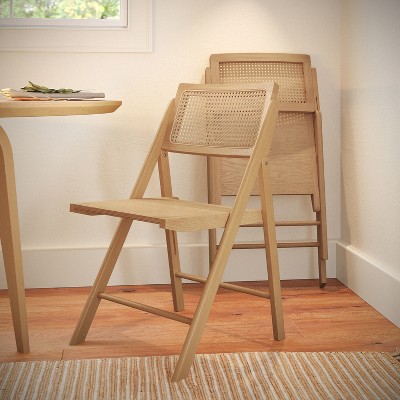 Natural Cane Rattan and Wood Folding Dining Chairs, Set of 2