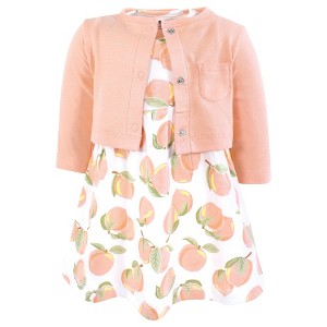 Hudson Baby Infant and Toddler Girls Cotton Dress and Cardigan Set, Sweet Peach - 1 of 4