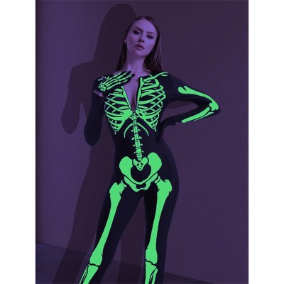 Joyfy  Halloween Skeleton Costume for Women Glow in the Dark Bodysuit for Adult Halloween Costume Cosplay Party