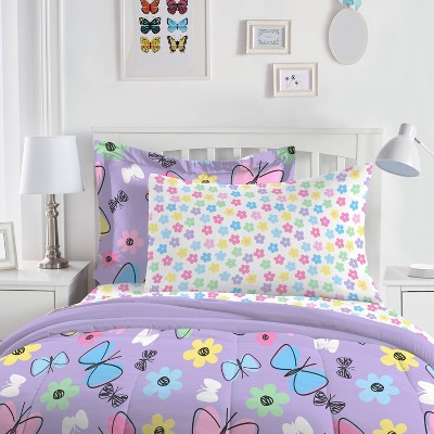 Purple Microfiber Twin Girls' Reversible Bed in a Bag Set