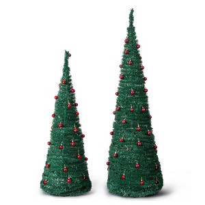2 Pack, 6FT 5FT Artificial Pop Up Christmas Tree with Red Ball Ornaments for for Home Office Store Holiday Deco, Green - 1 of 4