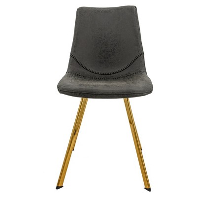 Charcoal Black Leather Dining Chairs with Gold Metal Legs, Set of 2