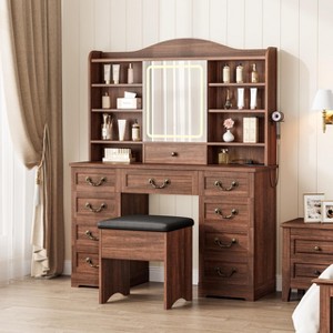 Makeup Vanity Desk with Mirror and LED Lights – Vanity Table with Chair, 10 Drawers, 8 Storage Shelves and Power Outlet for Bedroom and Powder Room - 1 of 4