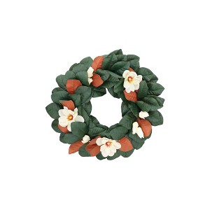 Haute Decor 24" Magnolia Artificial Wreath Green/White: Indoor/Outdoor Use - 1 of 2