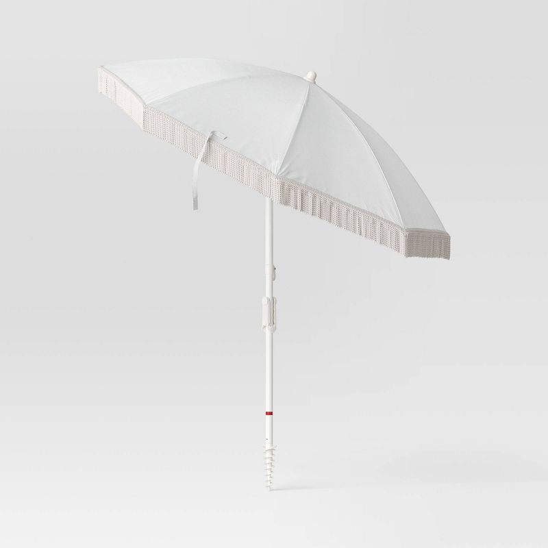 6.5&#39;x6.5&#39; Round Outdoor Patio Beach Umbrella with Fringe Ivory - Threshold&#8482;, 4 of 8