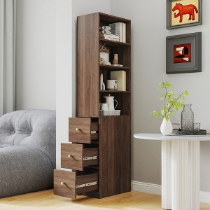 TOAOTBNBO 4-Tier Standing Bookshelves with 3 Side Drawers, 70.87" H Narrow Wooden Bookcase Display Storage Book Shlef for Bedroom - 1 of 4
