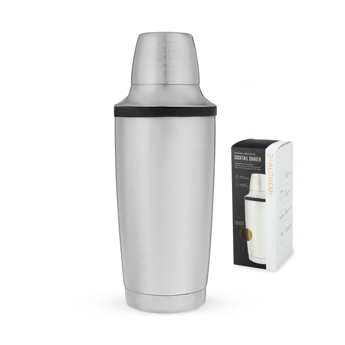Viski Alchemi 18oz Vacuum Insulated Cocktail Shaker with Citrus Reamer, Jigger Cap, Stainless Steel with Leakproof Silicone Seal, Travel, Bar Gifts