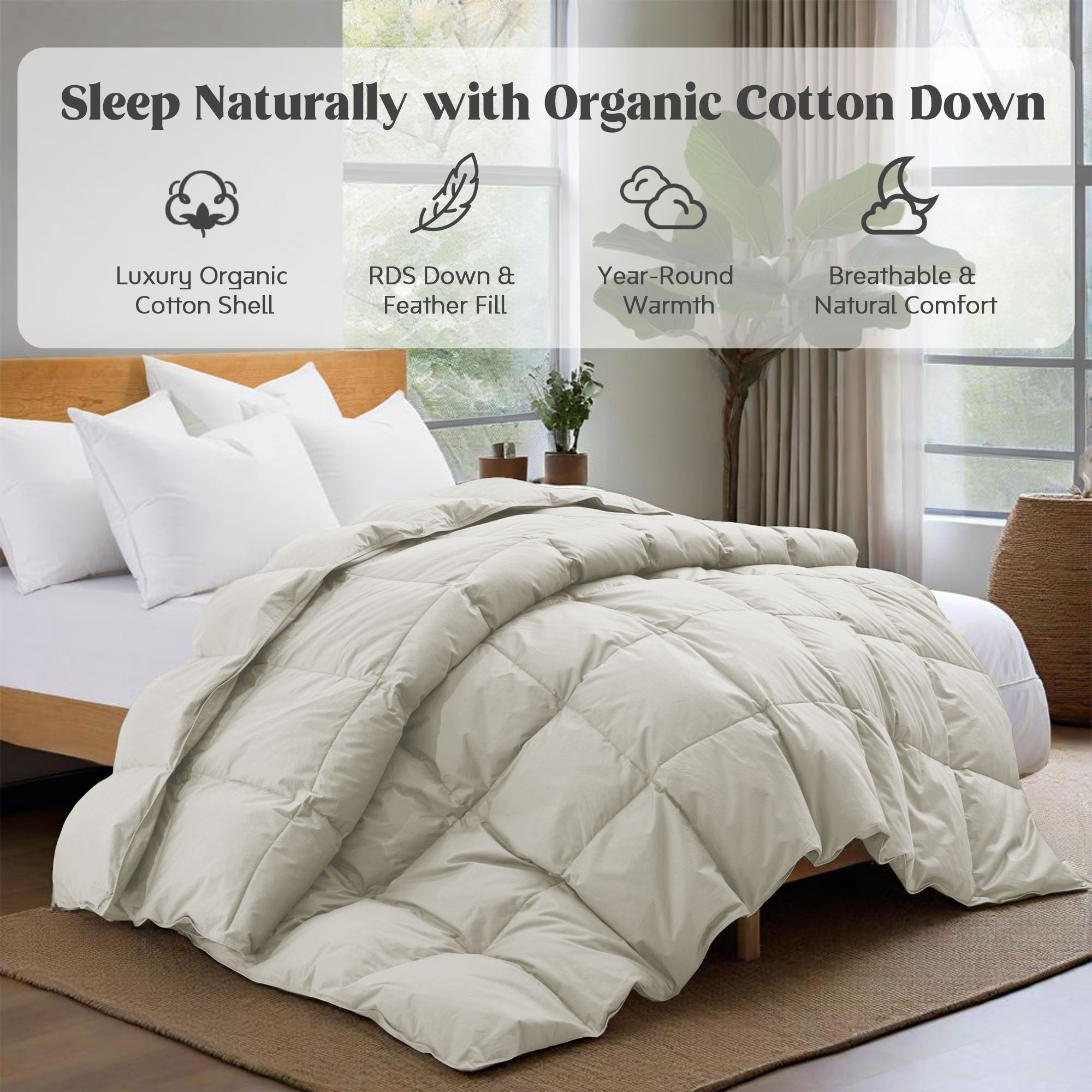 Puredown All Season Organic Cotton Down Comforter - 100% Natural, Chemical-Free, Medium Warmth Duvet Insert, Oatmeal, Full/Queen