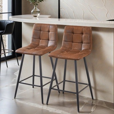Set of 2 Metal Frame Legs Brown Barstool, With Pu Leather Tuftied Cushion Barstool - Leovsnove