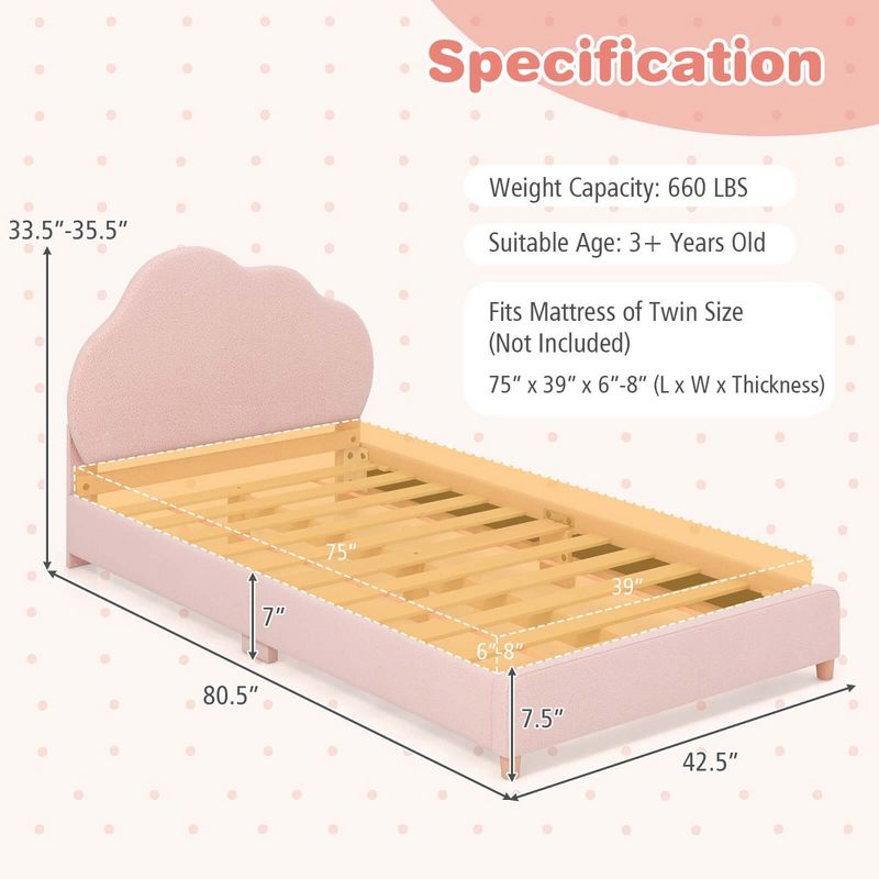 HoneyjoyKids Twin Platform Bed Frame Upholstered Twin Size Bed with Wooden Slats Support, 3 of 9