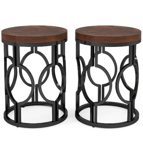 Tribesigns 2pcs Round End Table With Metal Hollow Frame, Rustic Brown ...