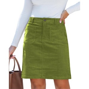 Women's Corduroy High Waist Short Skirt - Trendy Fall Skirt with Elastic Waist & Patch Pockets Olive Green - 1 of 4