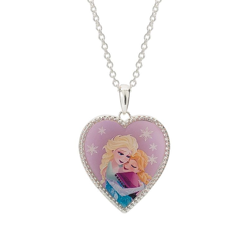Disney Womens Frozen II Silver Plated Frozen Necklace with Embracing Elsa and Anna Heart Pendant Jewelry, 1 of 6
