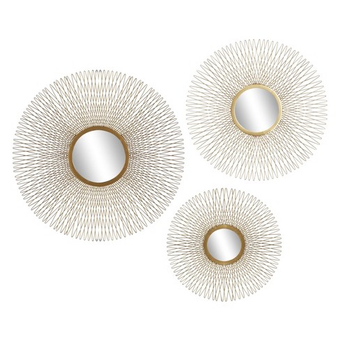 Metal Sunburst Round Wall Decor With Mirror Accent Set Of 3 Gold