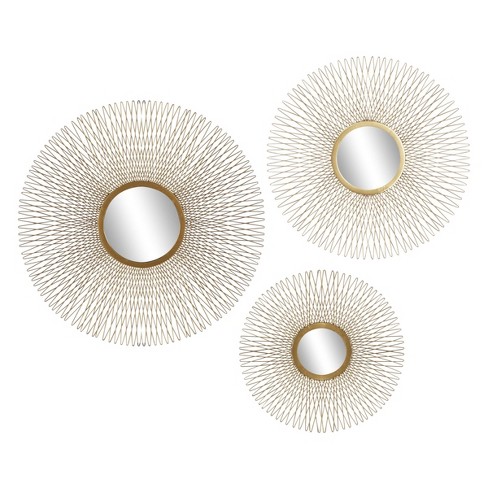 Set Of 3 Modern Tin And Glass Round, White Sunburst Mirror Gold