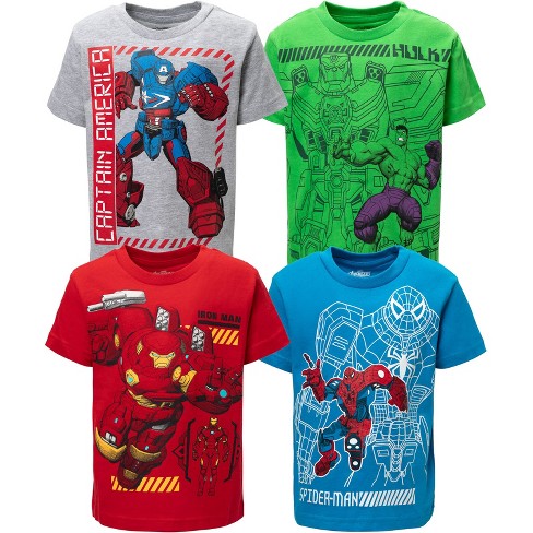 Marvel Avengers Mech Strike Spider Man Hulk Iron Man Little Boys 4 Pack Graphic T Shirts Blue Green Grey Red 7 8