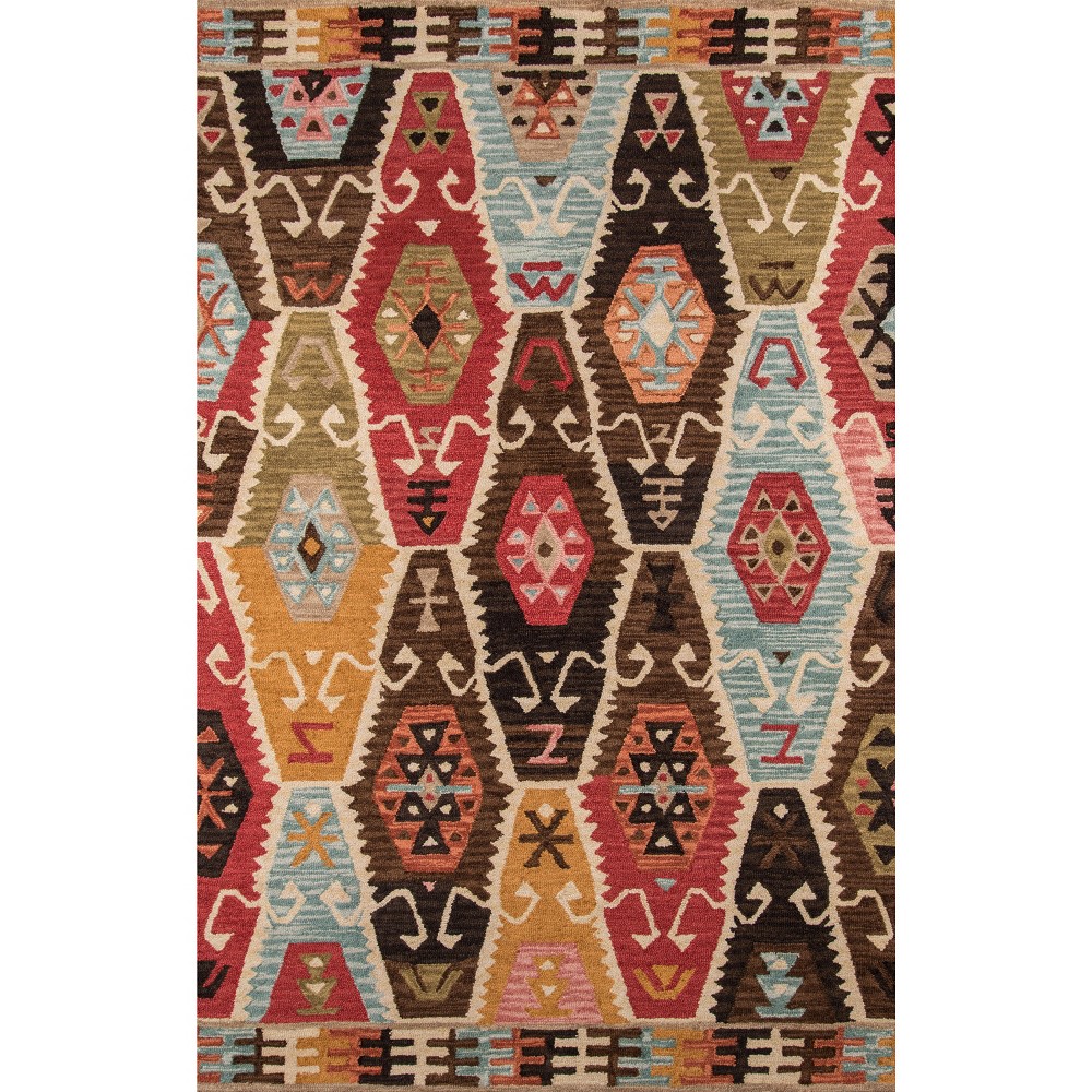 5'X8' Shapes Area Rug - Momeni The graphic global designs of this traditional area rug are reminiscent of roads less travelled. Intricate Kazak rug motifs, including geometric patterns and repeating floral fields, are depicted in desert-inspired shades of warm red, gold, burnt sienna and sky blue. Natural 100percent wool fibers and hand-tufted construction reflect the rugged sensibilities of each rug’s nomadic design, while a washed finish gives the rustic rug a refined hand. Color: One Color. Pattern: Shapes.