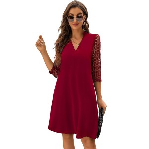Womens  A Line Dress with Lace Braclet Sleeve V Neck Tunic Dress Mesh Sleeve Summer Basic Dress, Red - Small - 1 of 4